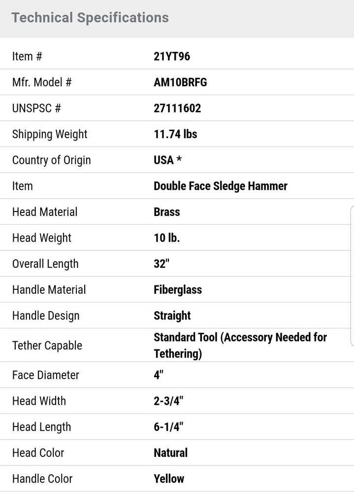 10lb American Sledge Hammer, Non-sparking 21YT96