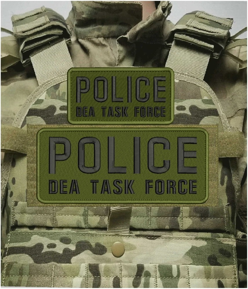 POLICE DEA TASK FORCE EMB PATCH 4X10 AND 3X6 HOOK ON BACK  BLACK ON OD GREEN