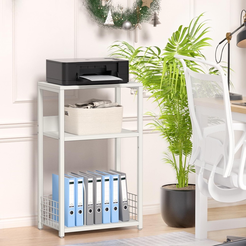 LELELINKY White Side Table,Small Printer Stand with Storage Shelf,3 Tier Indu...