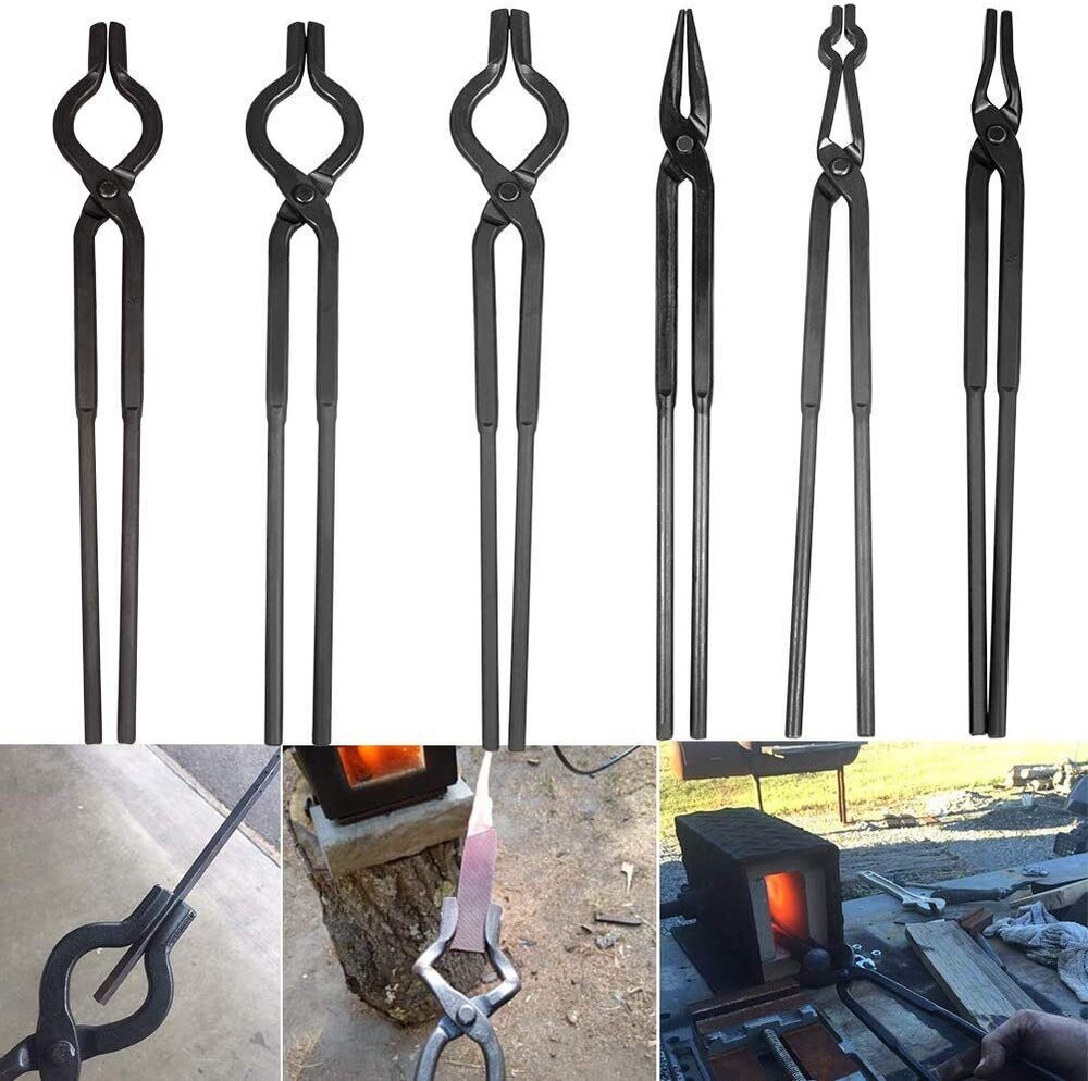 6 Pcs Blacksmith Tongs Set Anvil Forge Knife Making Tools Set V Bolt Flat Jaw