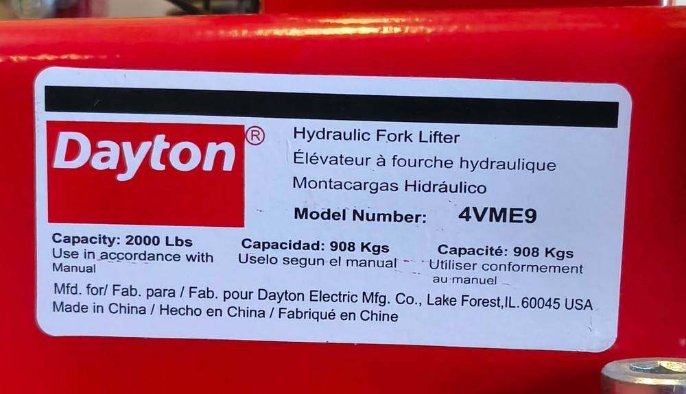 Dayton Hydraulic Forklift Stacker 4VME8 Adjustable Base 2,000 lb. Load Capacity