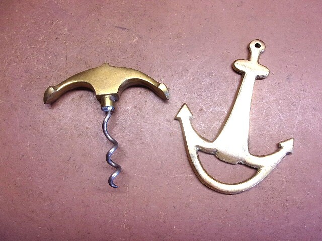 Vintage Solid Brass Nautical Theme Anchor Corkscrew & Bottle Opener Nice Pair!