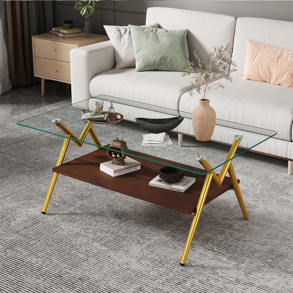 Tempered Glass Coffee Table Rectangular Coffee Table with Storage Shelf