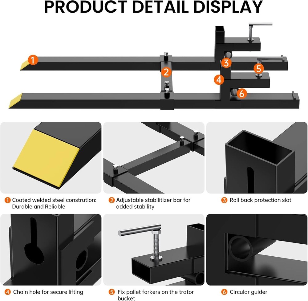 2000lbs Clamp on Pallet Forks 43" Fork Rack with Adjustable Stabilizer Bar