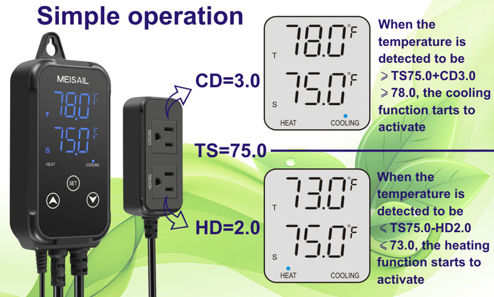 MEISAIL S10B Digital Temperature Controller 2-Stage Outlet Heating & Cooling 10A