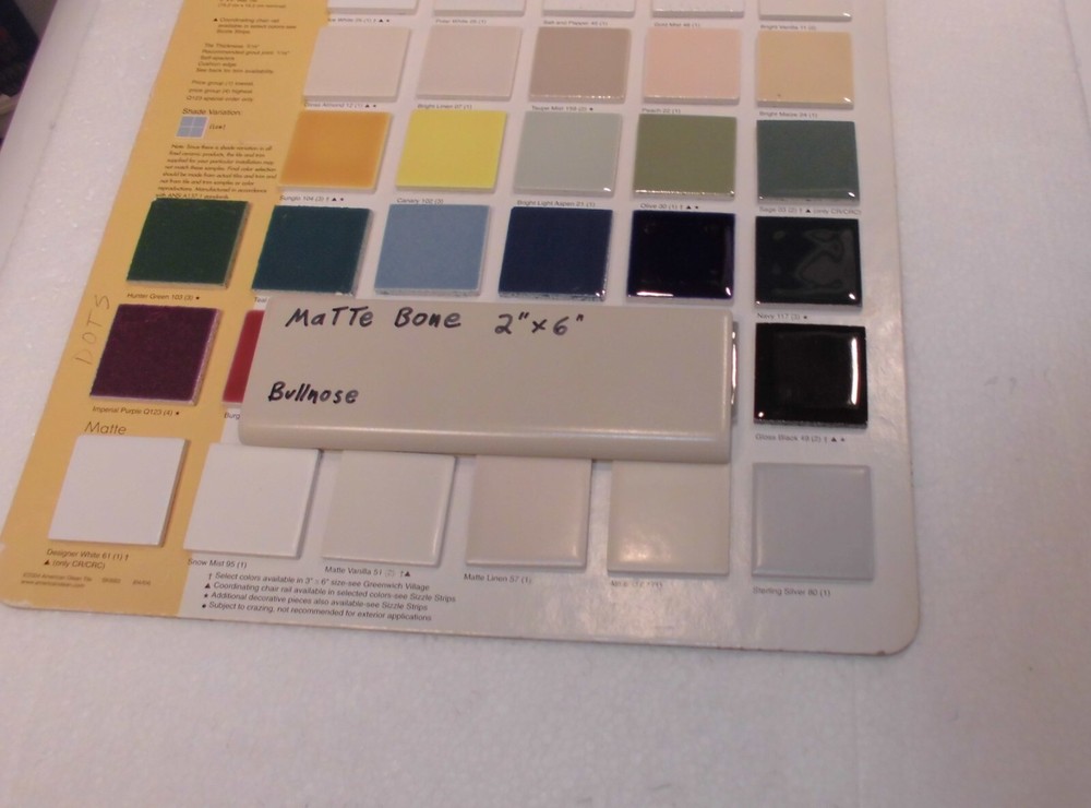 1 pc. Matte Bone - Almond: Ceramic Bullnose Tile 2” X 6” Flat-Surface Type, NEW