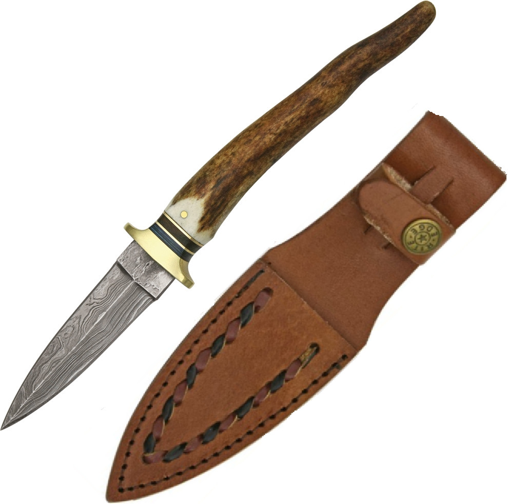 Damascus Boot Fixed Knife 3.25" Damascus Steel Blade Stag Tip / Brass Handle
