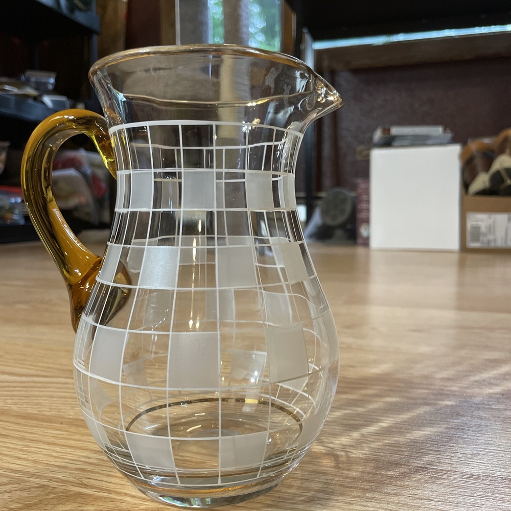 art Glass water pitcher Frosted checkered