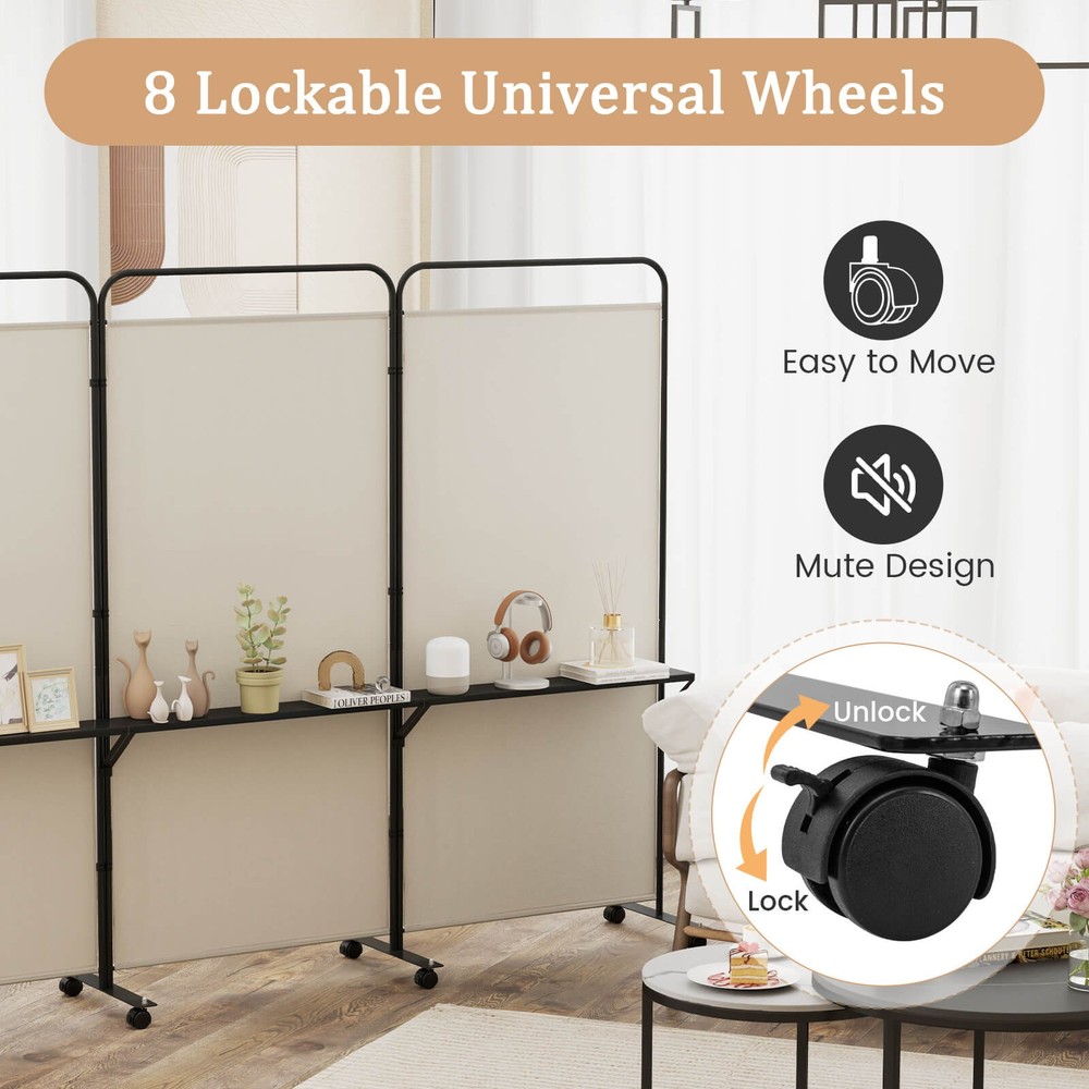 3-Panel Room Divider with Storage Shelves 6FT Tall Folding Privacy Screen on