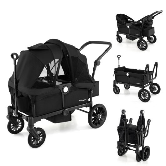 2 Seater Push Pull Collapsible Kids Wagon Stroller with Adjustable Handlebars-Bl