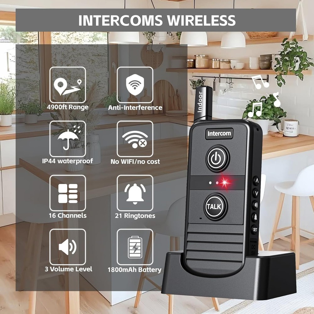 Wireless Home Intercom System 2 Pack Long Range 4900ft Waterproof Office House