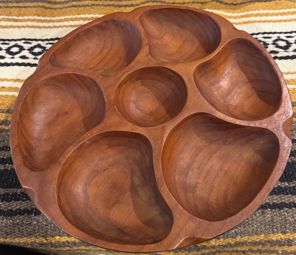 Vintage 7 Compartment Teak Mid-Century Rotating Serving Bowl