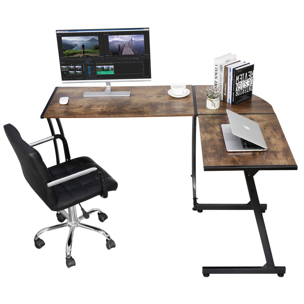 Brown Modern L Shaped Corner Desk Laptop Study Writing Table Workstation Home