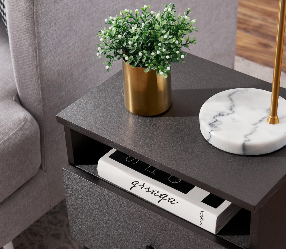 Modern Wood Night Stand,Square End Table Side Table W/ Drawer & Storage Space