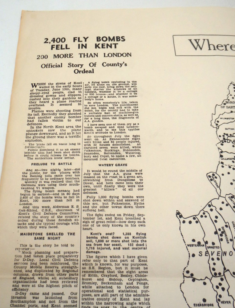 WWII British Where The Doodle Bugs Crashed in Kent Map