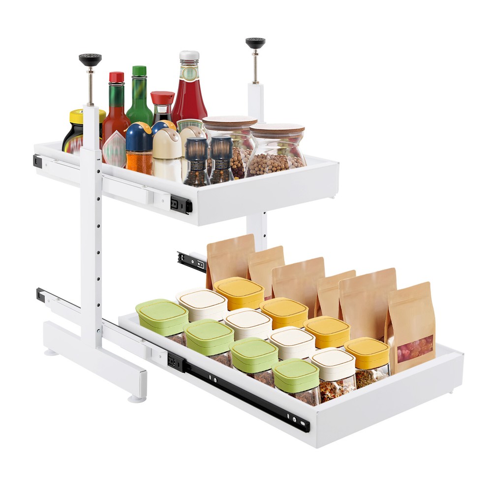 2-Tier Expandable Pull-out Cabinet Slide Out Organizer Drawers for Cabinet White