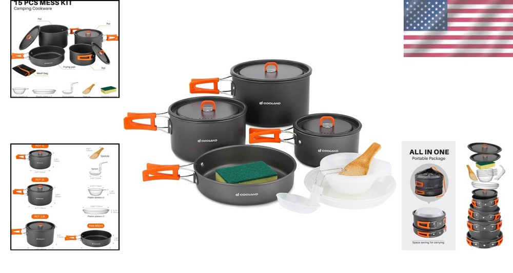 Compact 15pcs Camping Cookware with Folding Handles - Perfect for Hiking