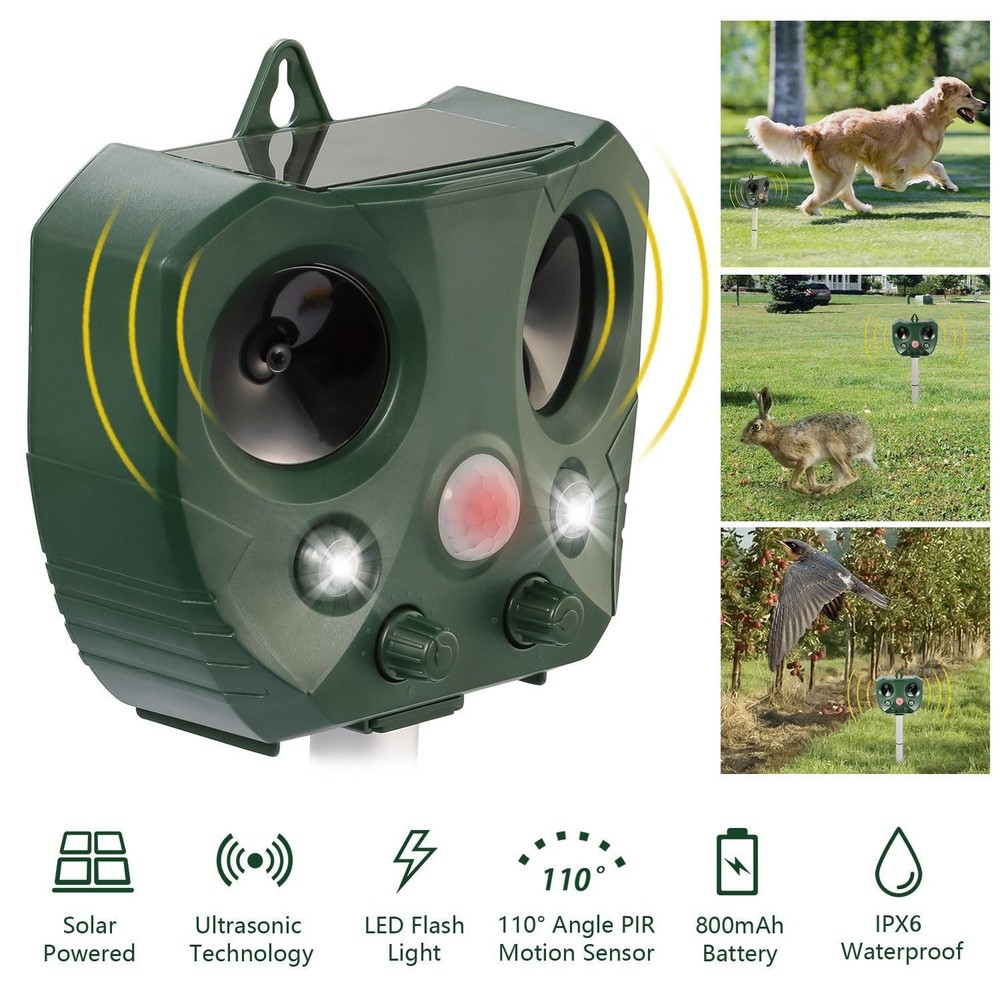 Ultrasonic Animal Repeller Solar Powered Repellent w/ Motion Sensor LED Flashing