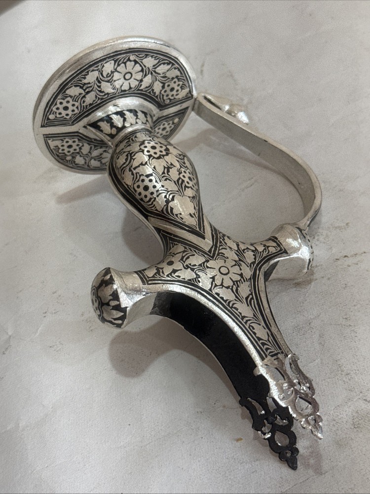 Hand Crafted Mughal Silver inlaid Iron Sword Talwar Handle