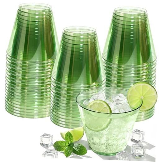 9 oz Clear Plastic Cups Plastic Disposable Cups for Cocktail Pack 50 Green