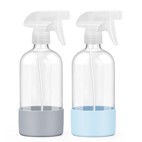 2 Pack Glass Spray Bottles with Silicone Sleeve, 16 oz Empty Blue&Grey
