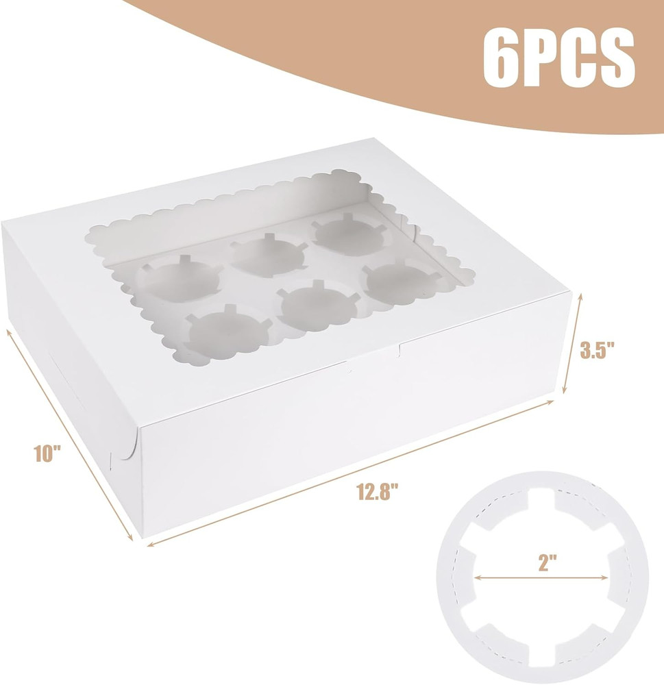 6PCS White Cupcake Containers, 12 Count with Window Boxes Holding 72 Pastry Box