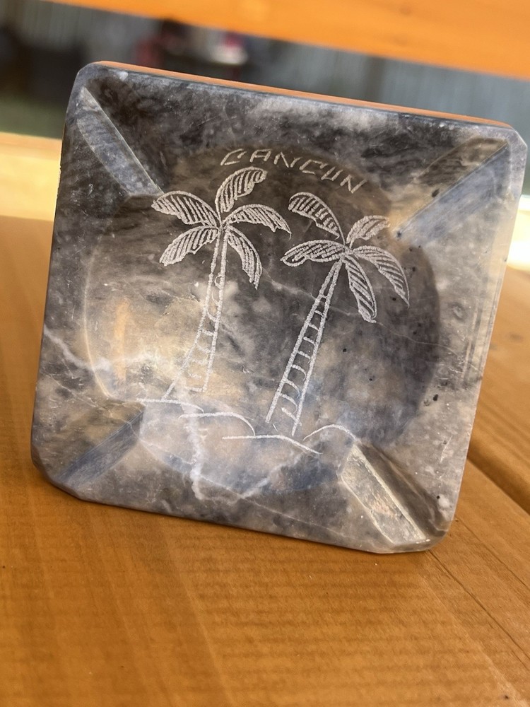 Marble Cigarette Ashtray Cigar Gray W/ Cancun Palm Tree Etching Approx. 3” X 3”