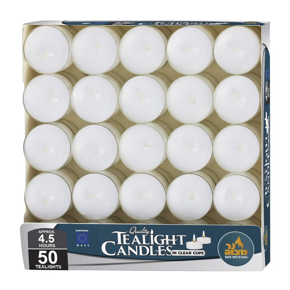 Ner Mitzvah Tea Light Candles - 50 Bulk Pack - White Unscented Tealight Candl...