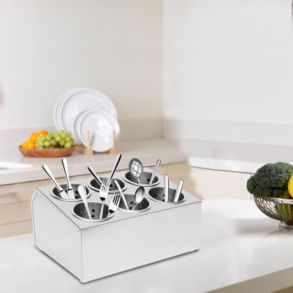 6-Hole Stainless Flatware Storage Case Spoon Cylinder Holder Knife Container