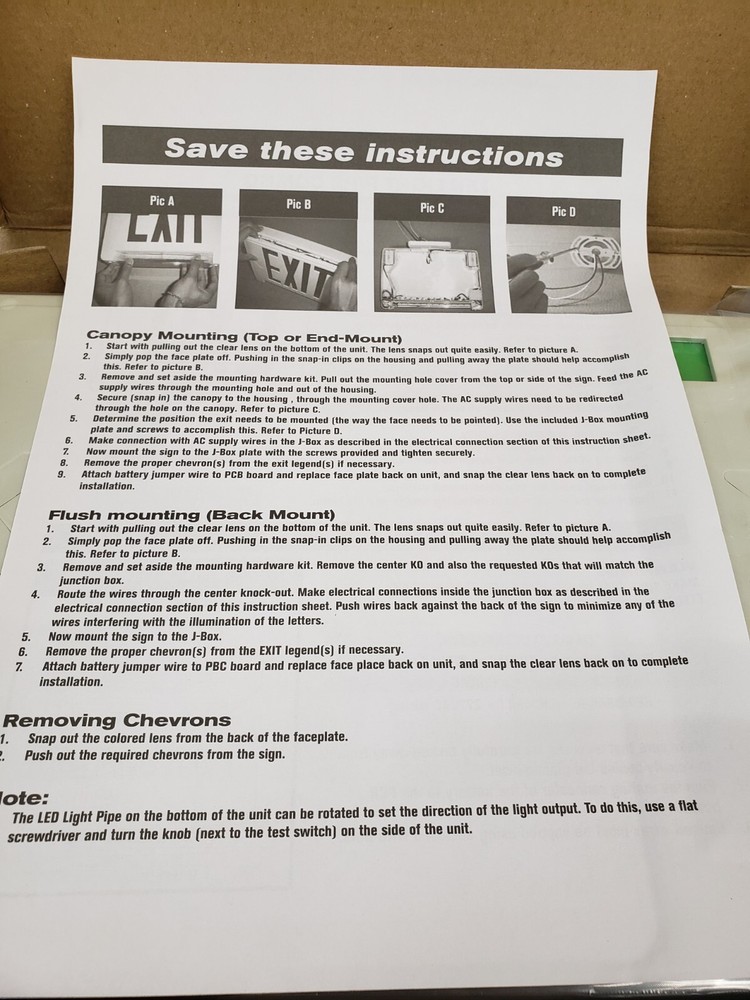 Light Pipe 013316 LED Exit Light Combo Green Letter / White Housing