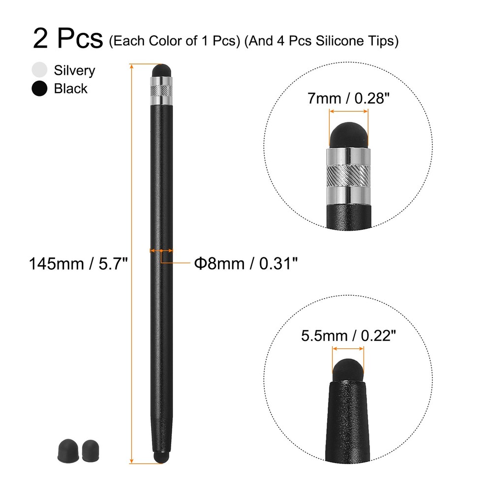 2pcs Stylus Pens for Touch Screens with 4 Extra Tips Black Silver