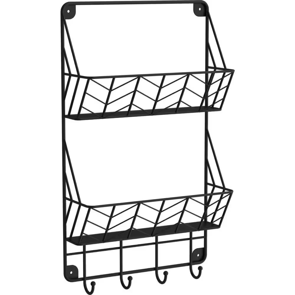 12 In. L Black Double Mail Basket Holder with Hooks