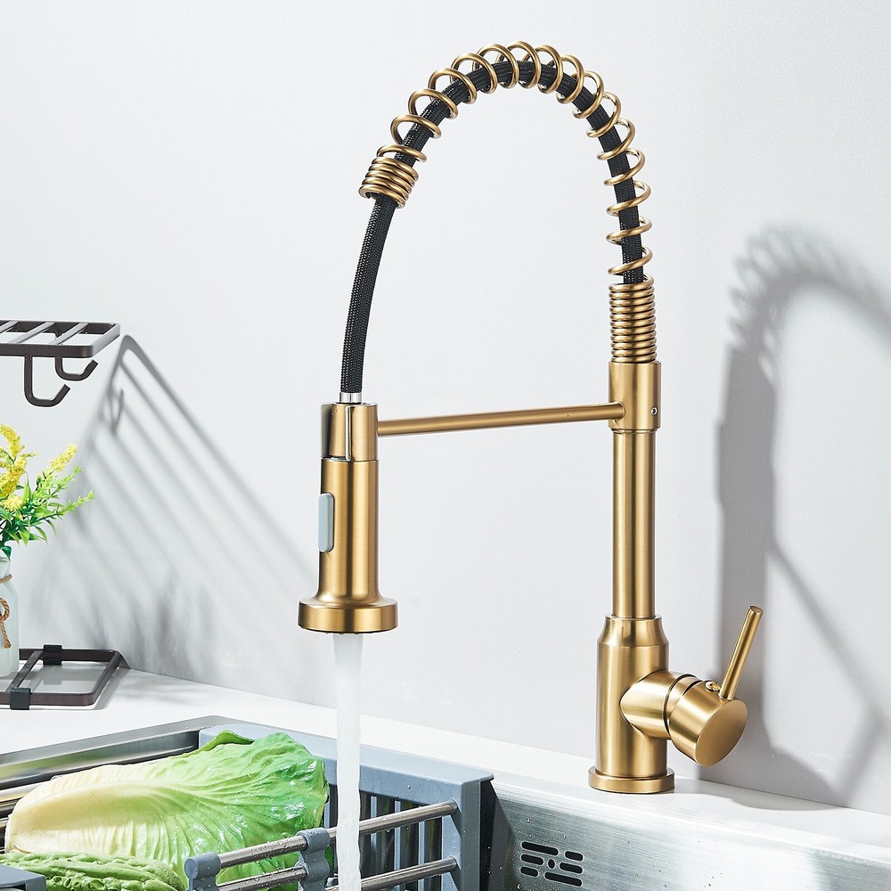 Brushed Gold Kitchen Faucet Pull Down Sprayer Single Handle Swivel Sink Mixer