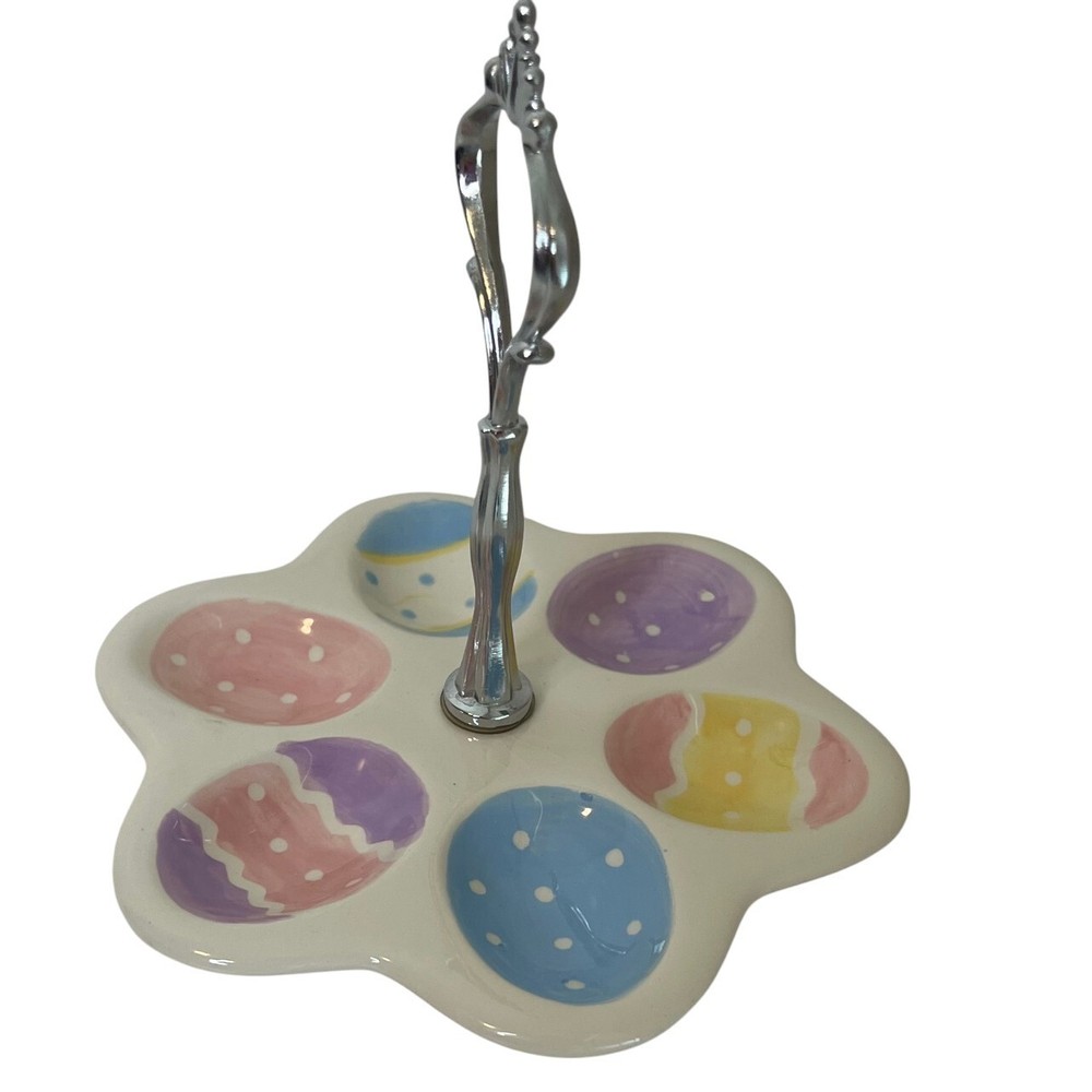 Easter Egg Tray Colorful Ceramic Platter Holds Six Dyed Eggs Silver Tone Handle