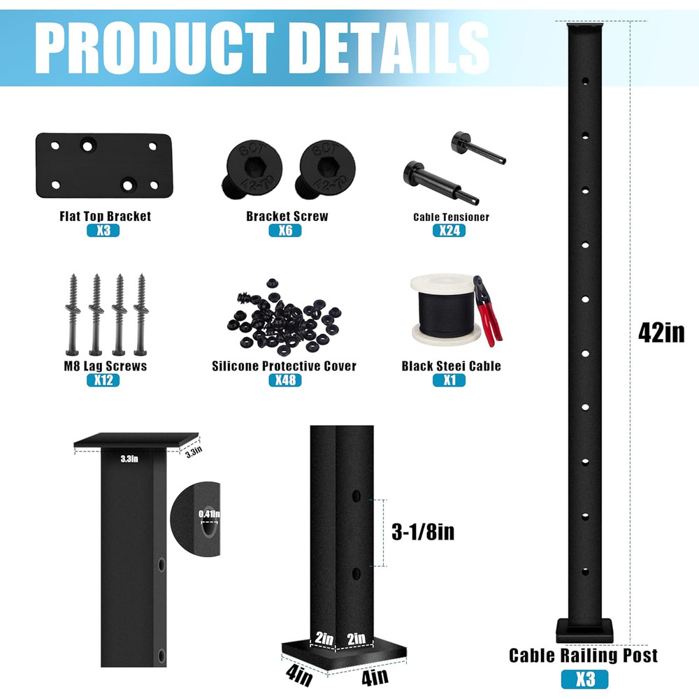10FT Black Cable Railing Post Kit - 3 Line Deck System for DIY Projects