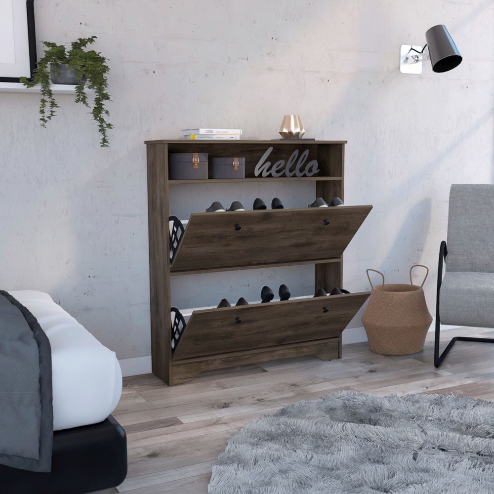 Shoe Rack 46" H, One Open Storage Shelf, Two Internal Storage Drawers