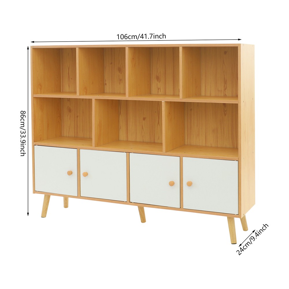 Open Bookshelf with Solid Wood Legs, Standing Open Bookshelf with 11 Compartment