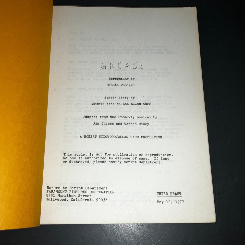 GREASE (15/12/77) 3rd Draft Script Travolta/Newton-John Paramount Prod Cvrs+COA