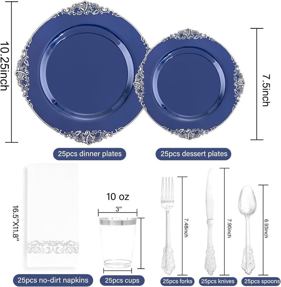 175pcs Blue & Silver Plastic Plates Elegant Disposable Dinnerware Set Suitable