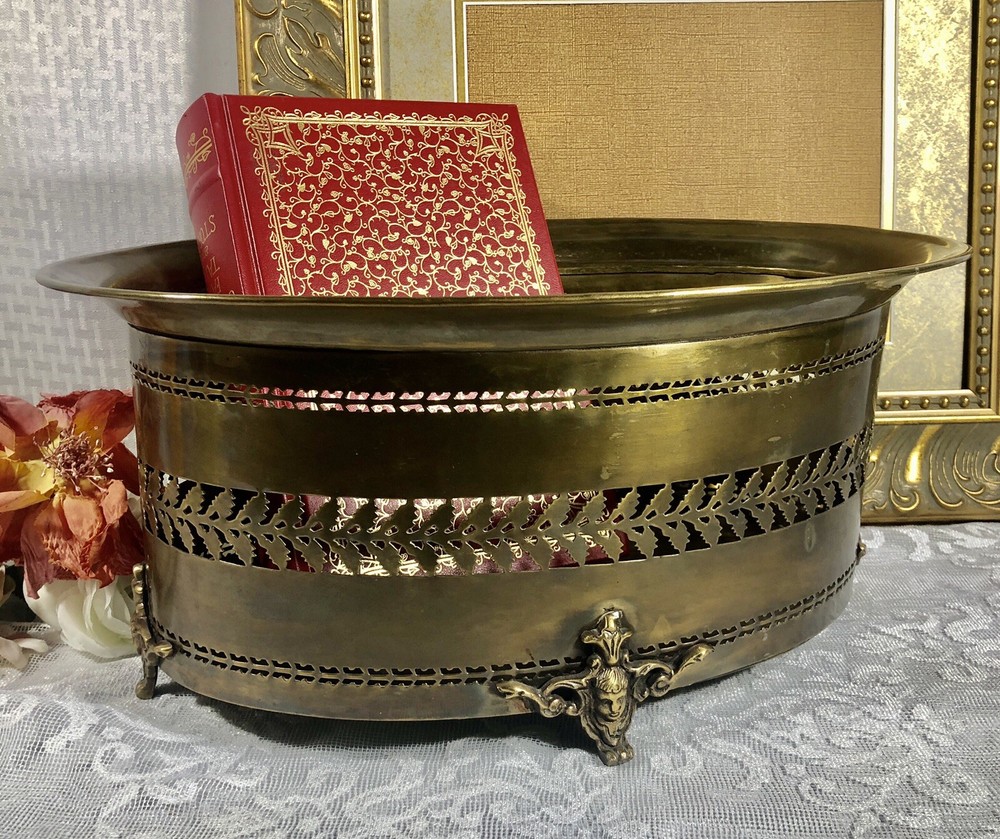 Solid Brass Planter Antiqued Brass Cherub Footed Container Pierced Sides *