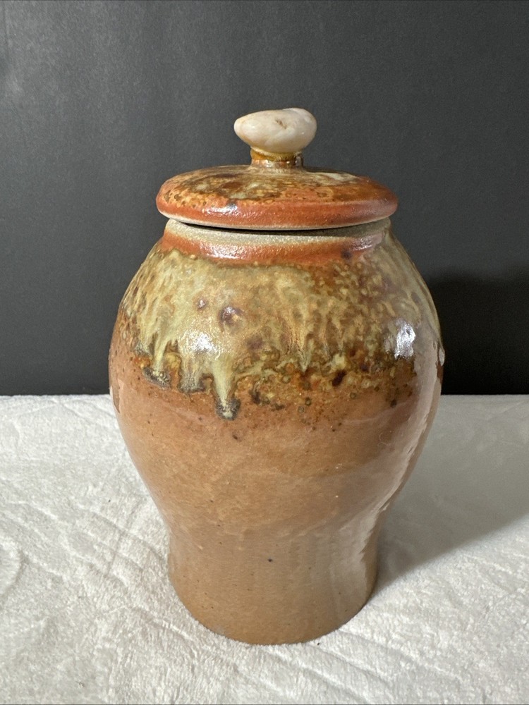 Tan Drip Glazed Ceramic Jar with Agate Adorned Lid Signed