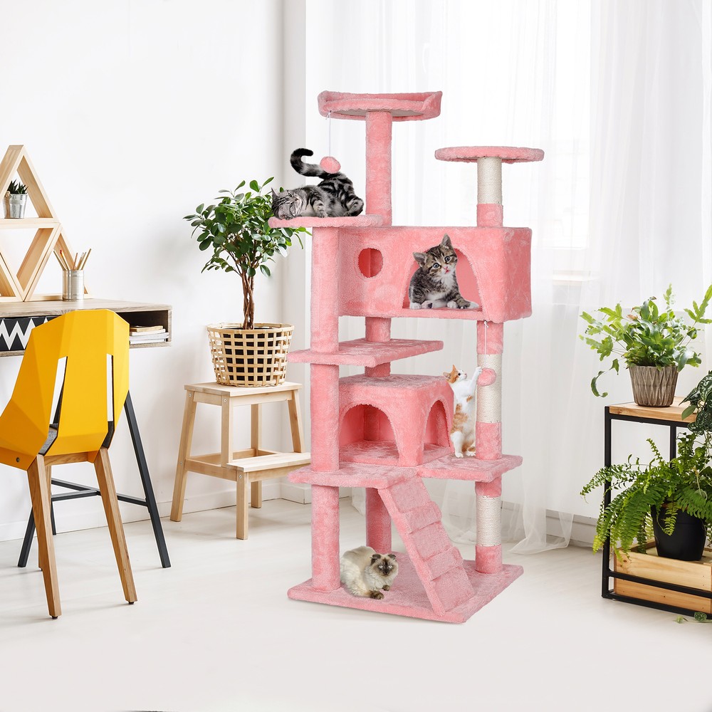 55 Inch Multi-Level Cat Tree Tower Kitten Condo House with Scratching Posts Pink