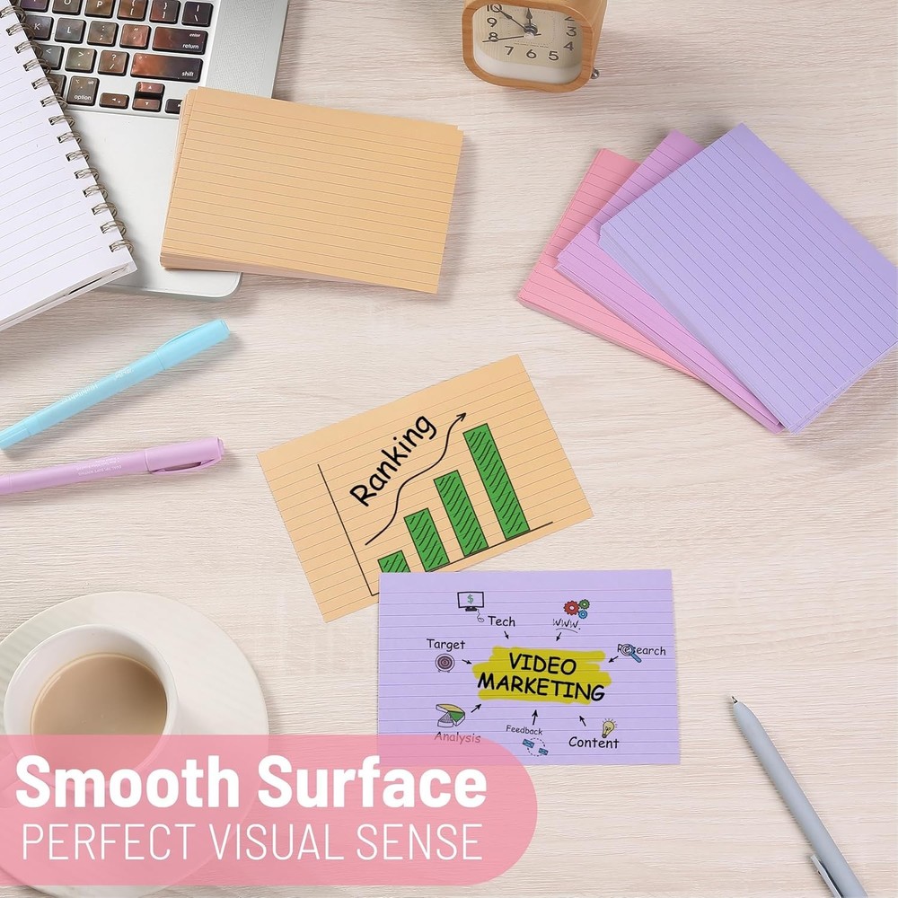 Vibrant 4x6 Lined Index Cards - 144 Durable Study Note Cards for Organization