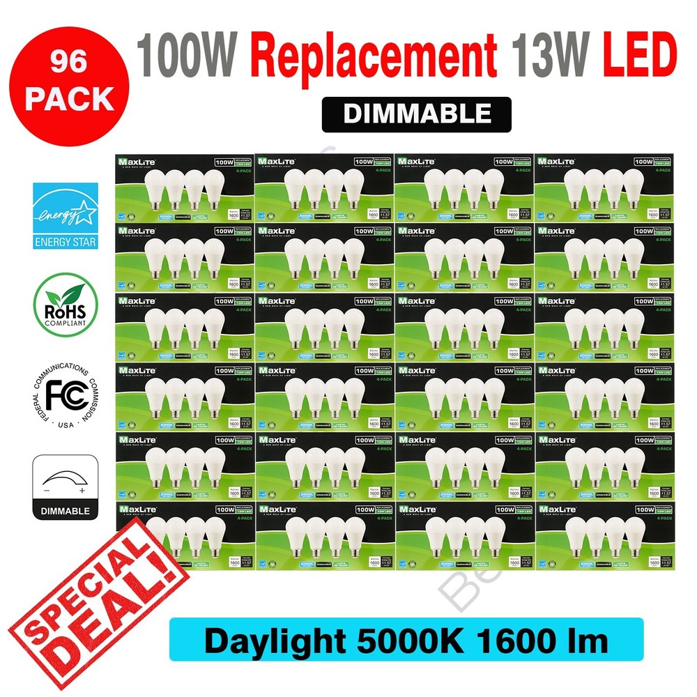 96 PACK Maxlite Dimmable LED 13W Daylight Light Bulb A19 100W replacement 5000K