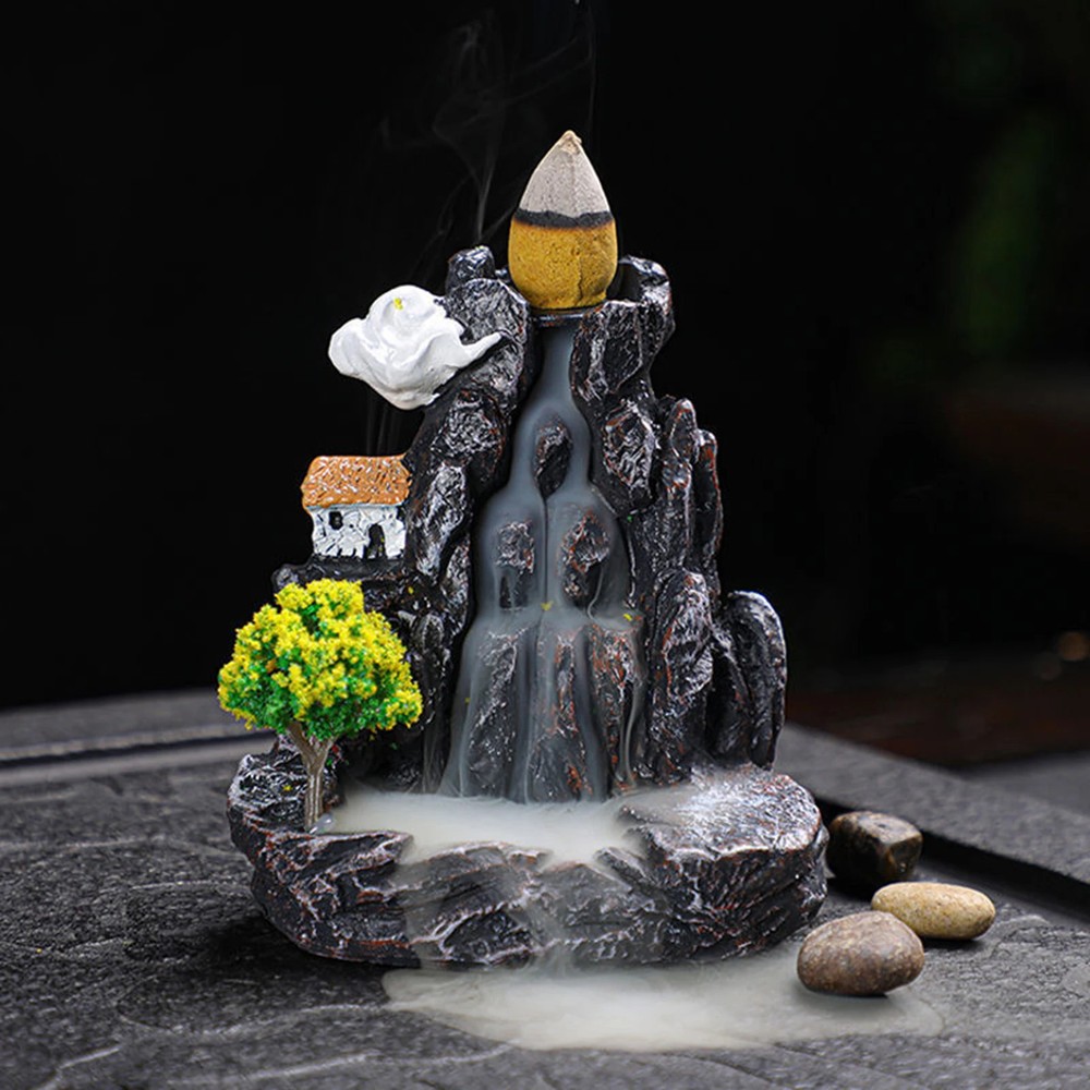 **Resin Backflow Incense Burner Waterfall Mountain River Aromatherapy Holder**