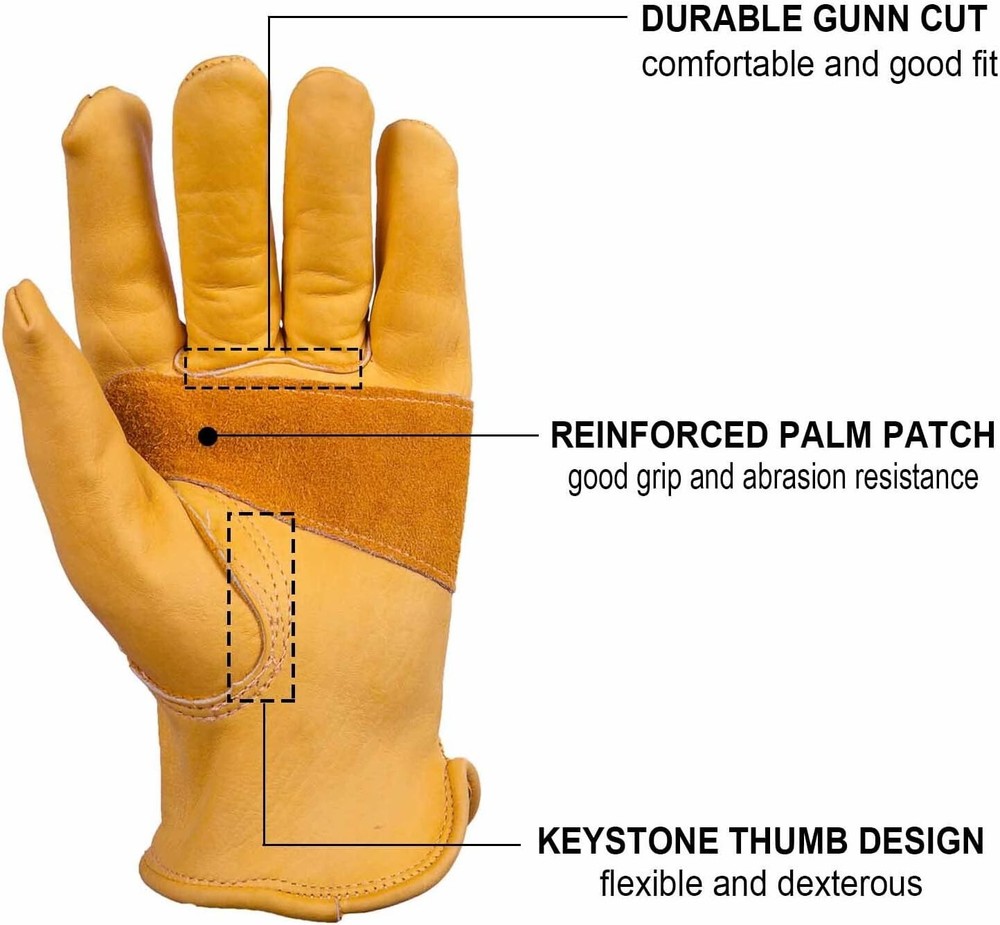 Flex Grip Leather Work Gloves Stretchable Wrist Tough Cowhide Working G...