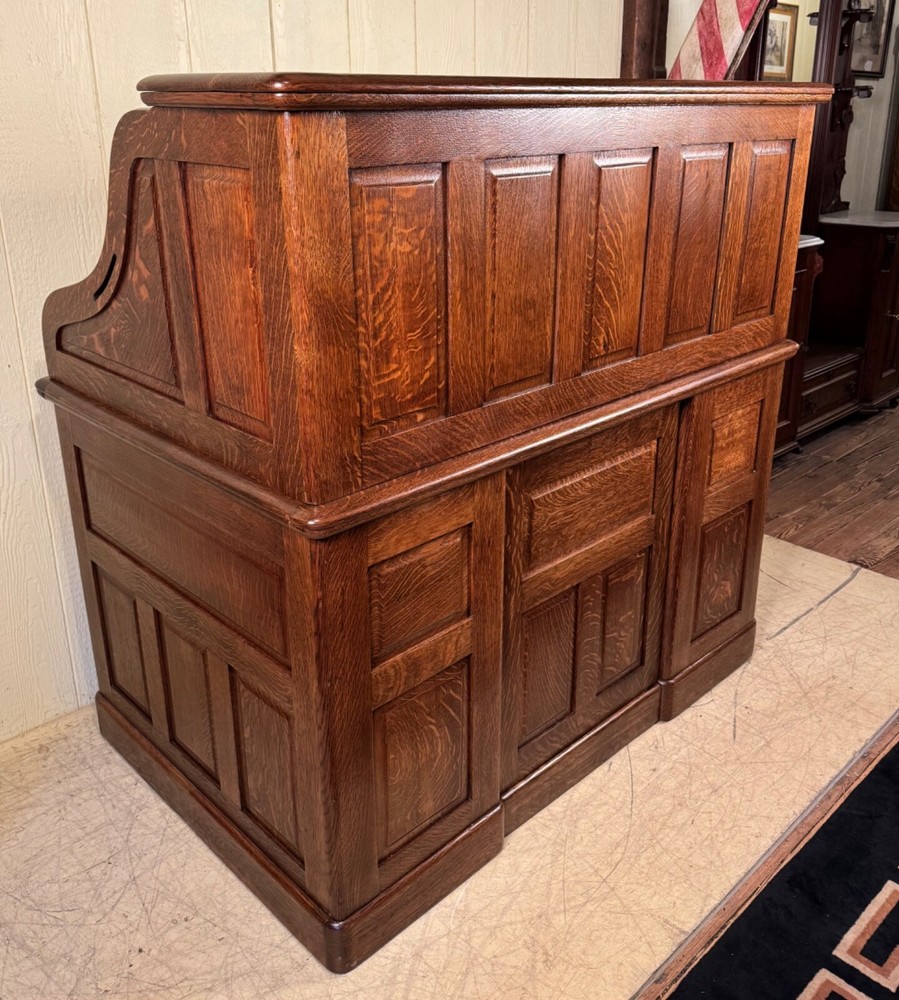 Antique Oak 50" Raised Panel S-Roll Top Desk with Carved Pulls