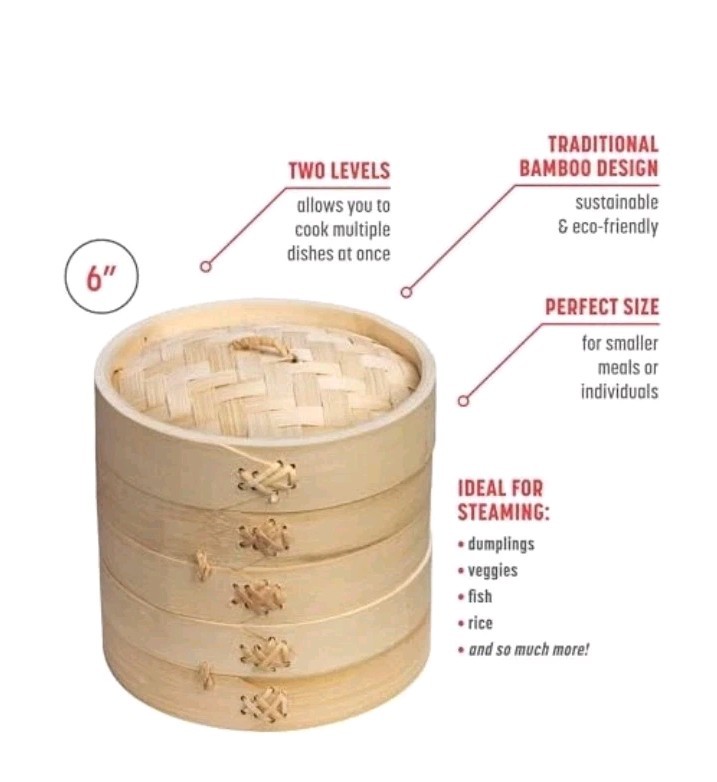 Joyce Chen 2-Tier 3-pc Bamboo Steamer 6" Natural Authentic Asian Kitchenware