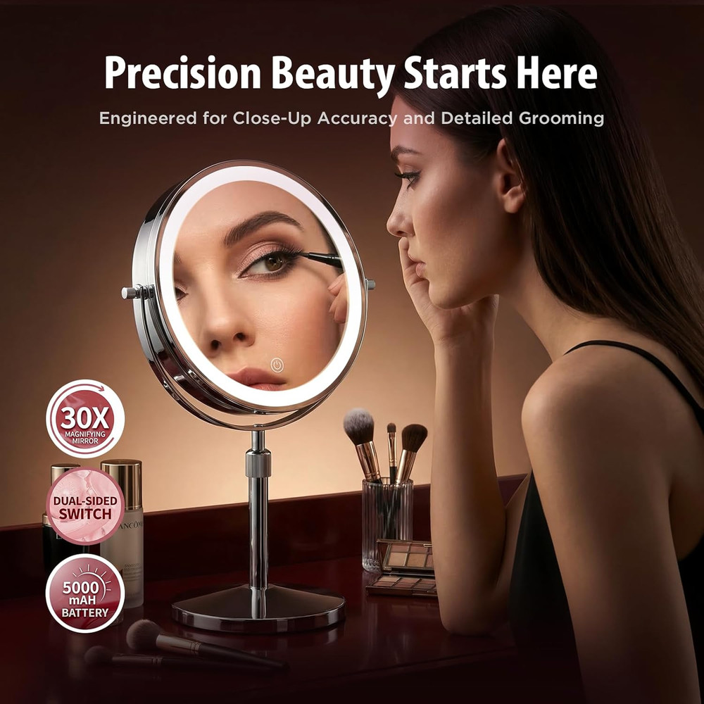 9" Double-Sided Makeup Mirror with 1X/30X Magnification and LED Lights
