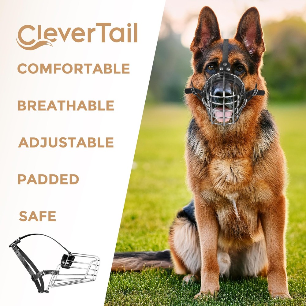 CleverTail German Shepherd Muzzle for Medium, Silver Wire & Black Straps